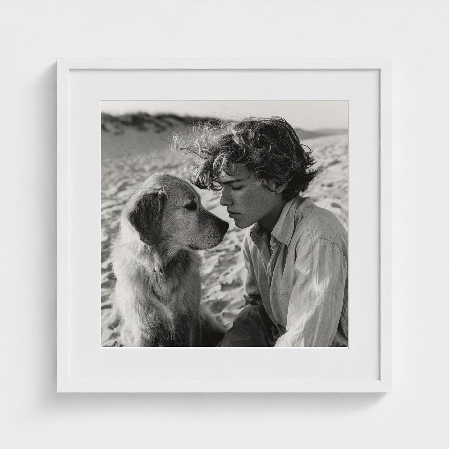 black-and-white-dog-portrait-on-sandy-beach-cine 20x20-white frame frame