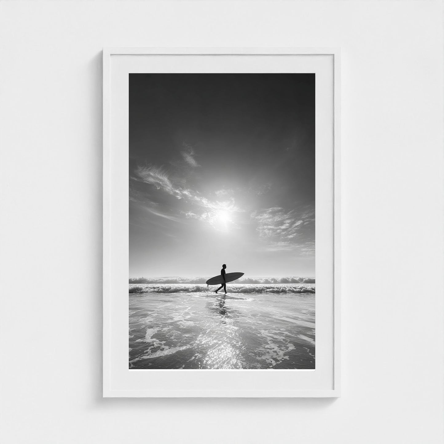 black-and-white-gallery-print-of-surfer-carrying 24x36-white frame frame