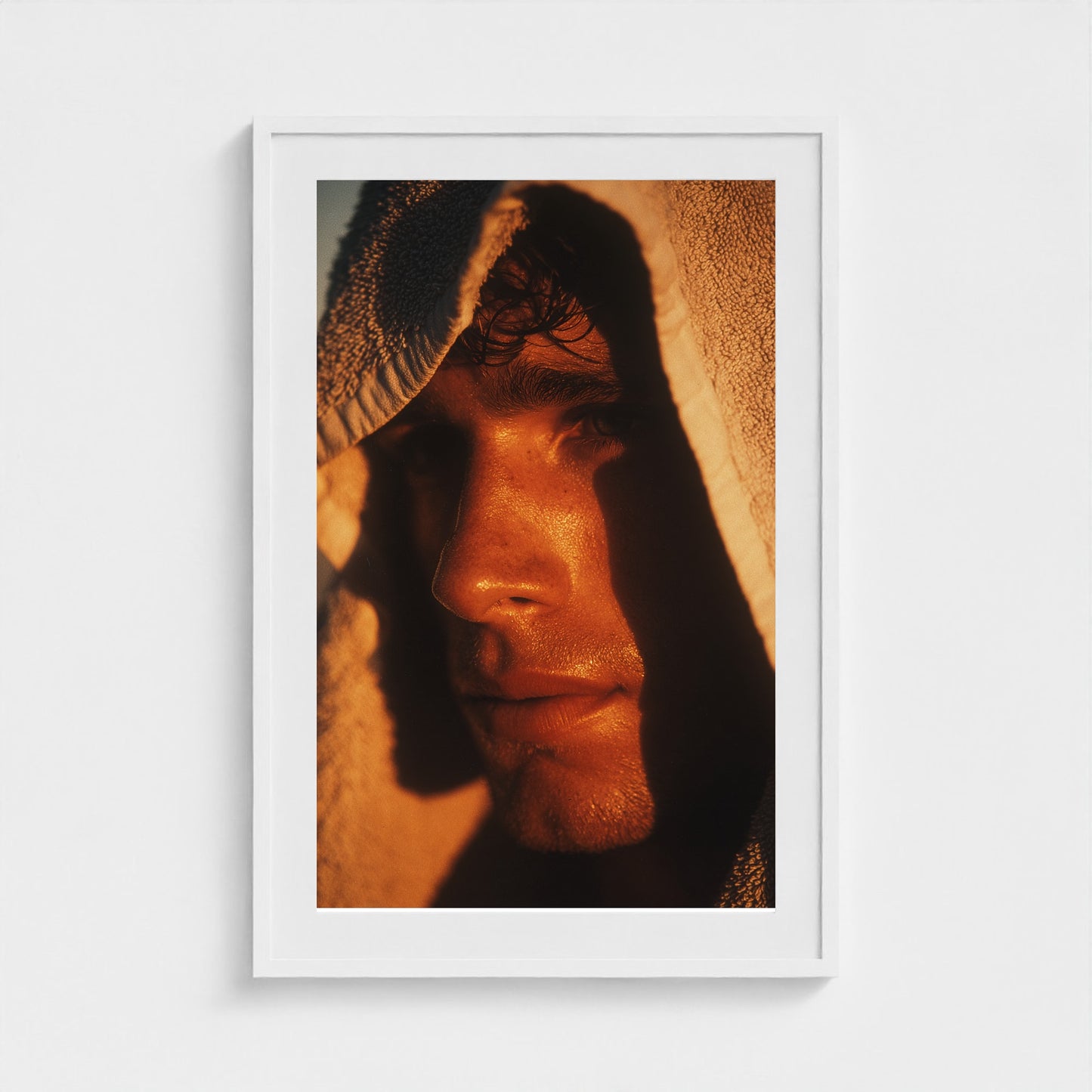 portrait-of-man-with-towel-over-shoulder-cinemat 24x36-white frame frame