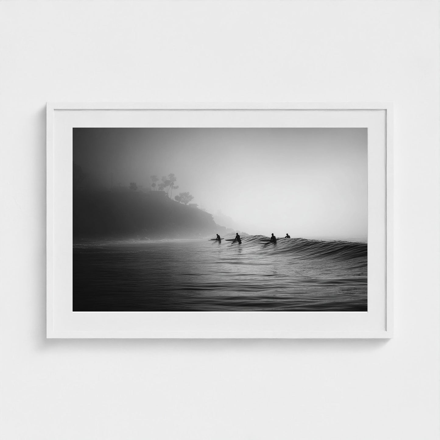 quiet-early-morning-surf-lineup-fog-rolling-acro 36x24-white frame frame