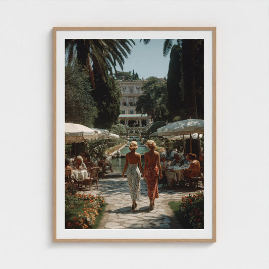 sunlit-italian-villa-garden-fashionable-women-in 36x48-natural frame frame
