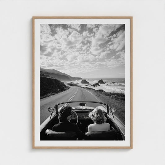 candid-couple-driving-vintage-convertible-along 36x48-natural frame frame
