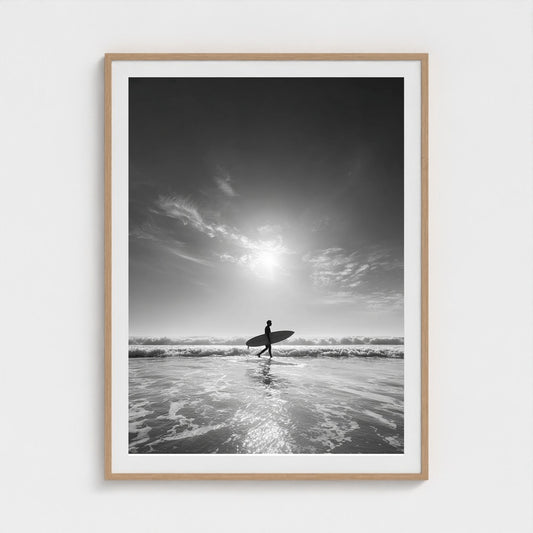 black-and-white-gallery-print-of-surfer-carrying 36x48-natural frame frame