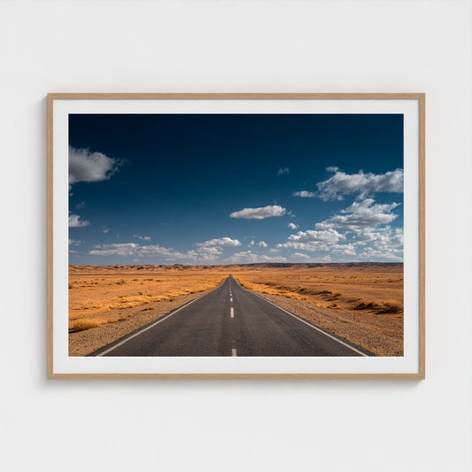 vast-open-desert-with-single-road-disappearing-i 48x36-natural frame frame