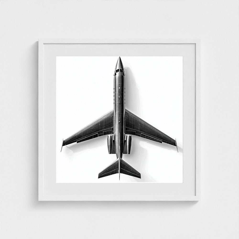 Top-Down Private Jet Art Print — Modern Black & White Framed Aviation Photography