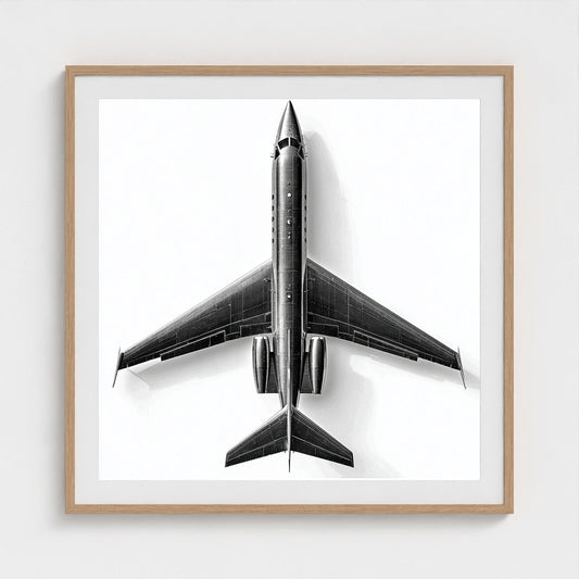 Top-Down Private Jet Art Print — Modern Black & White Framed Aviation Photography