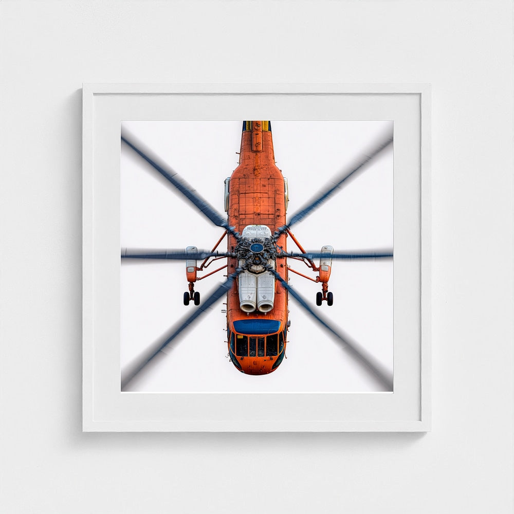Large Orange Helicopter Aerial Photograph — Bold Modern Aviation Wall Art (Archival Fine Art Print)