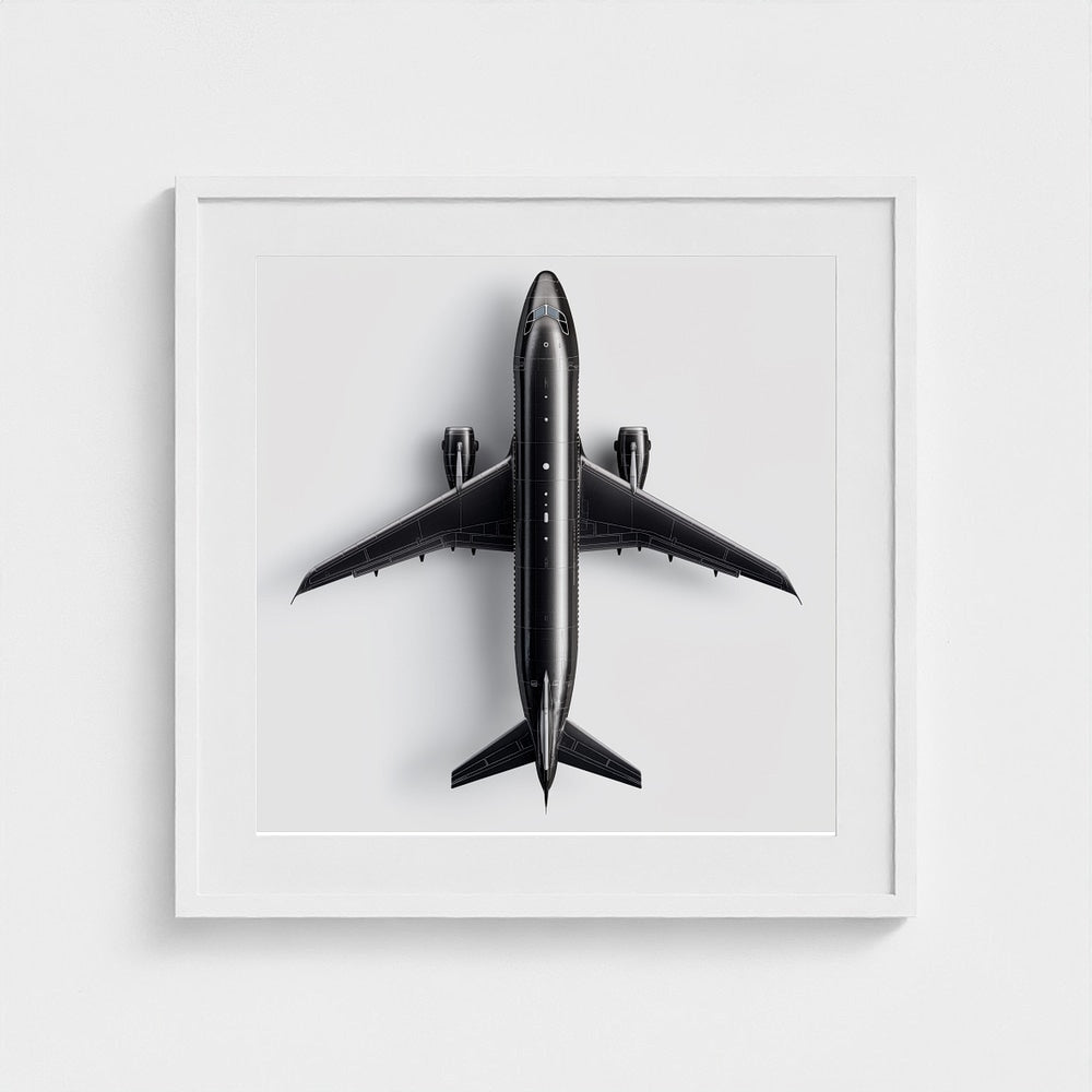 Minimalist Black & White Airplane Print — Overhead Modern Aviation Art, Framed Square Archival Photo