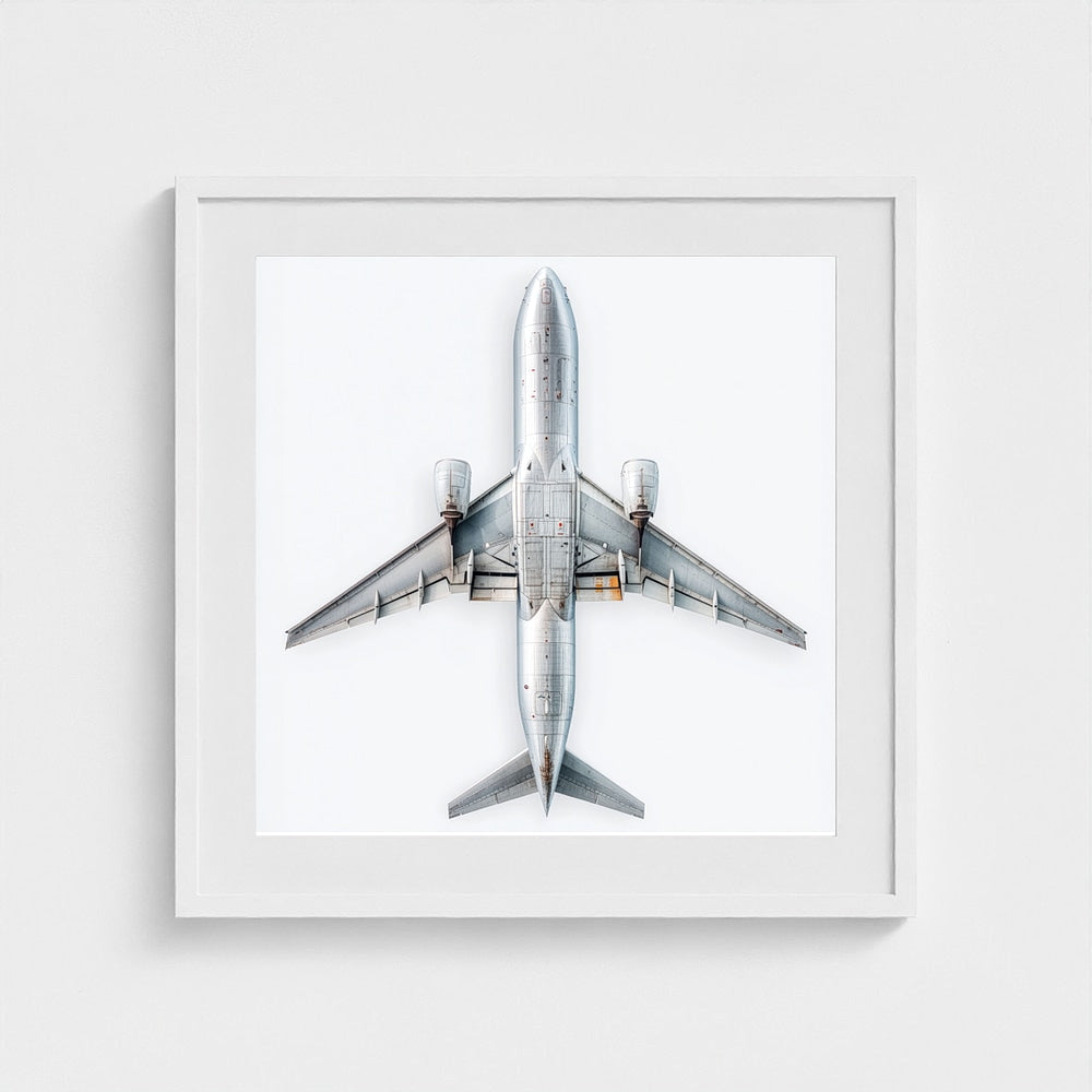 Minimalist Airplane Print — Modern Aviation Photography | Silver Geometric Aircraft Art, Square Framed