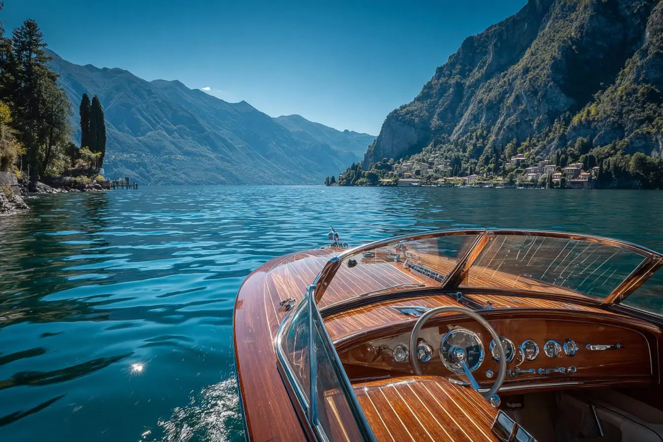 Mahogany Wake — Lake Como Wooden Boat Wall Art Print, Italian Lake Photography, Nautical Decor