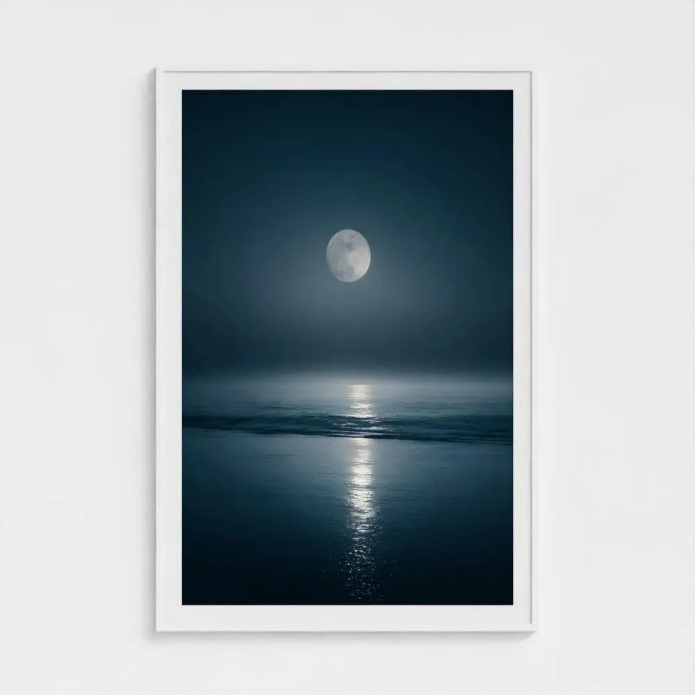 Lunar Tide — Moon Over Ocean Wall Art Print, Night Seascape Photography, Minimal Coastal Decor