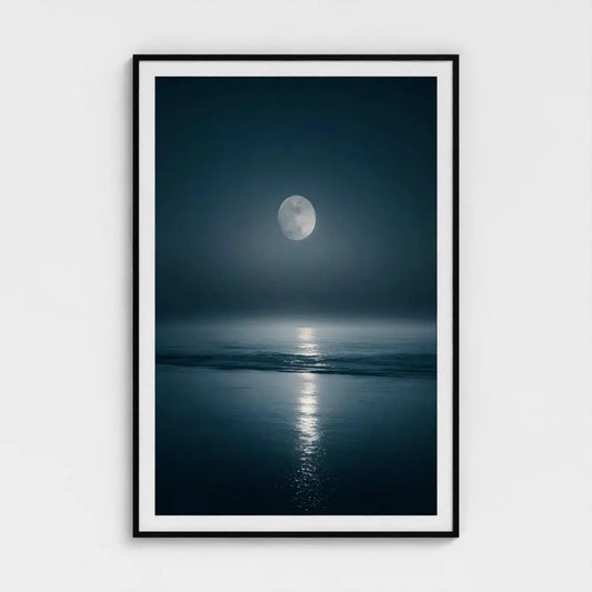 Lunar Tide — Moon Over Ocean Wall Art Print, Night Seascape Photography, Minimal Coastal Decor