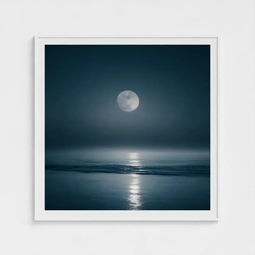 Lunar Tide — Moon Over Ocean Wall Art Print, Night Seascape Photography, Minimal Coastal Decor