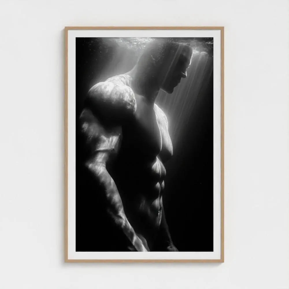 Male Surfer Wall Art Print – Black & White Torso Photography, Minimalist Ocean Decor