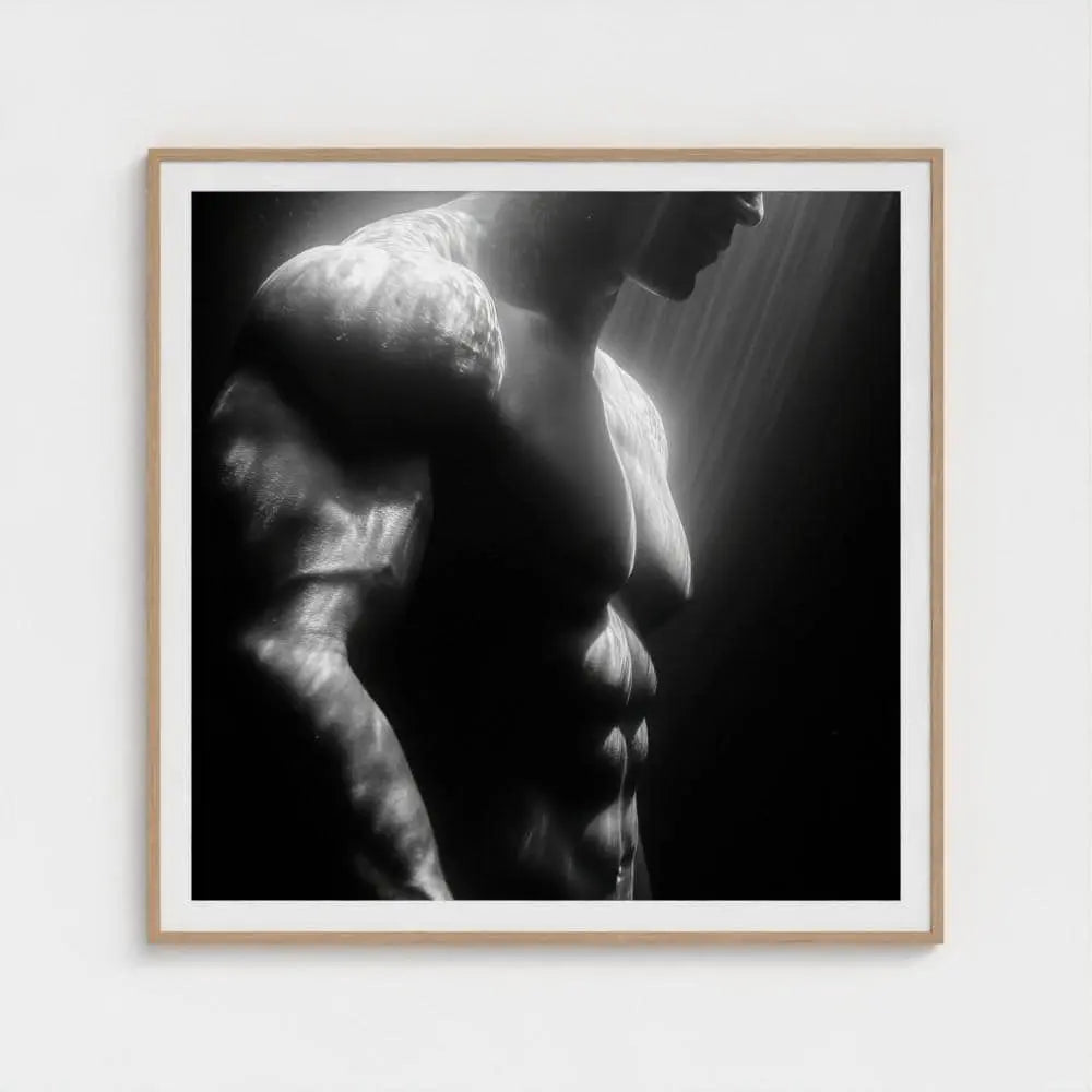 Male Surfer Wall Art Print – Black & White Torso Photography, Minimalist Ocean Decor