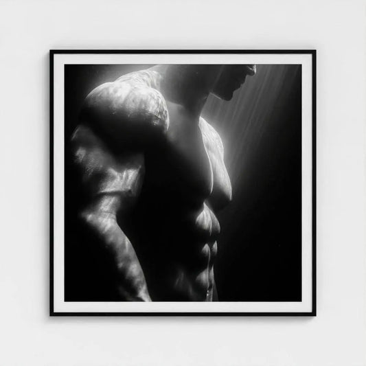 Male Surfer Wall Art Print – Black & White Torso Photography, Minimalist Ocean Decor
