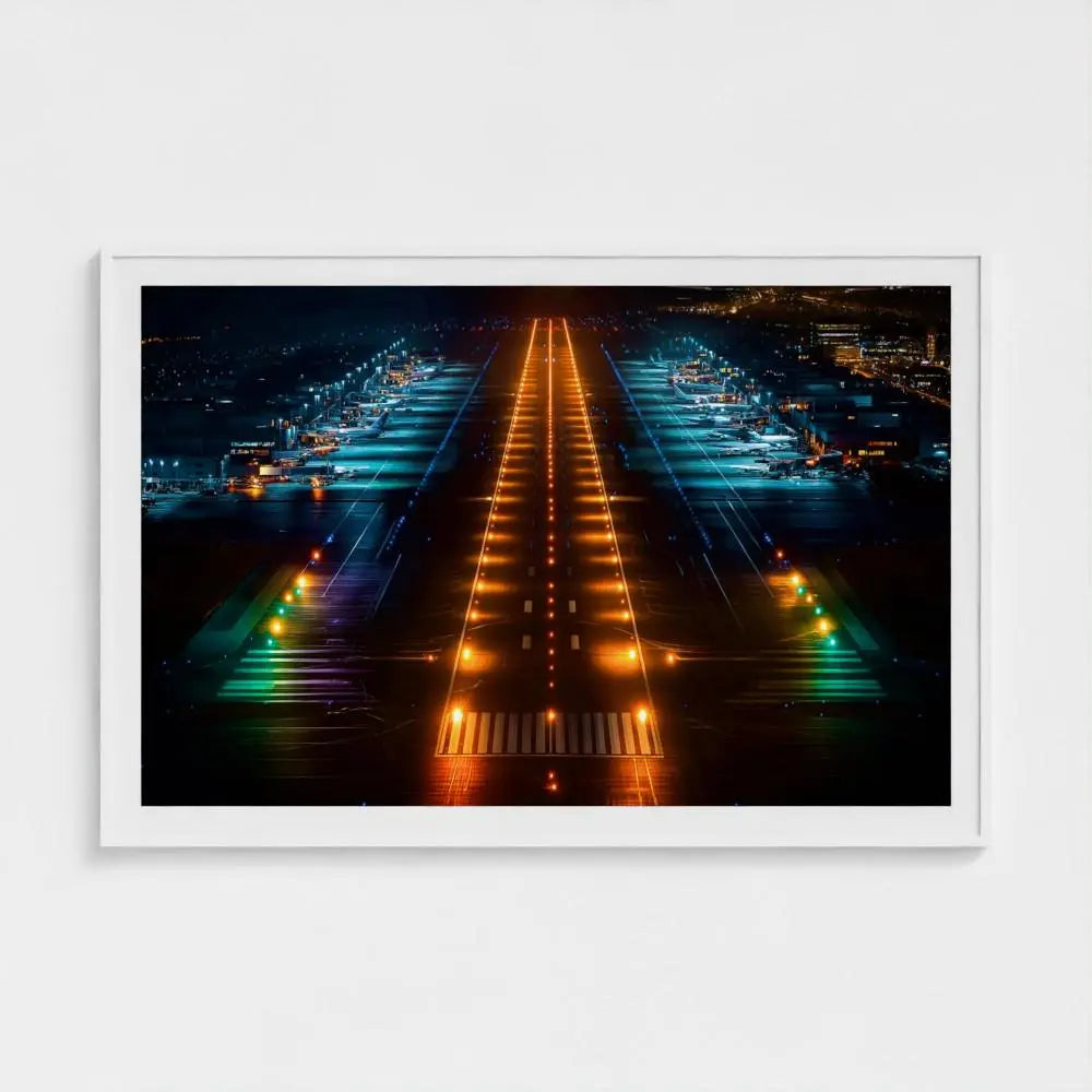 Airport Runway Wall Art Print – Night Lights Aviation Photography, Modern Decor