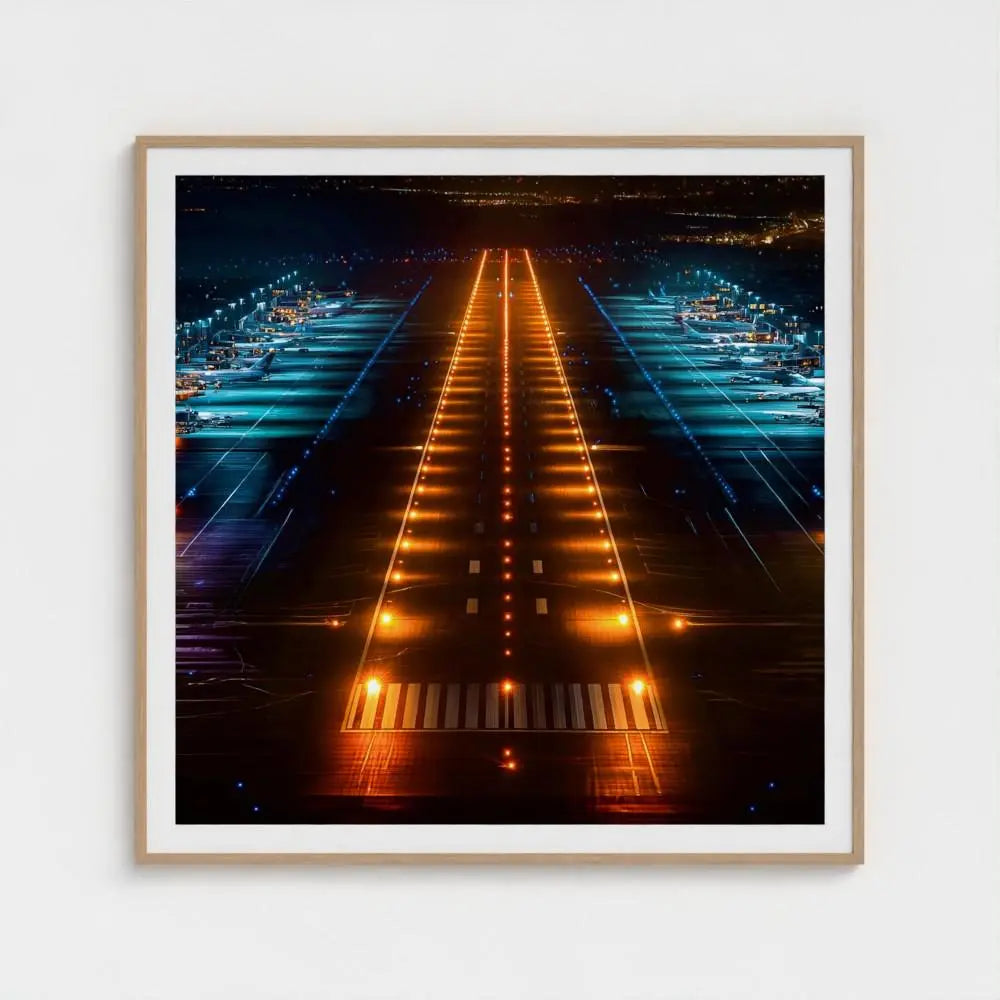 Airport Runway Wall Art Print – Night Lights Aviation Photography, Modern Decor