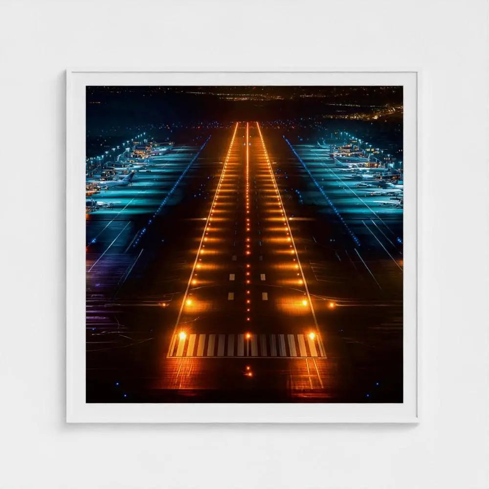 Airport Runway Wall Art Print – Night Lights Aviation Photography, Modern Decor