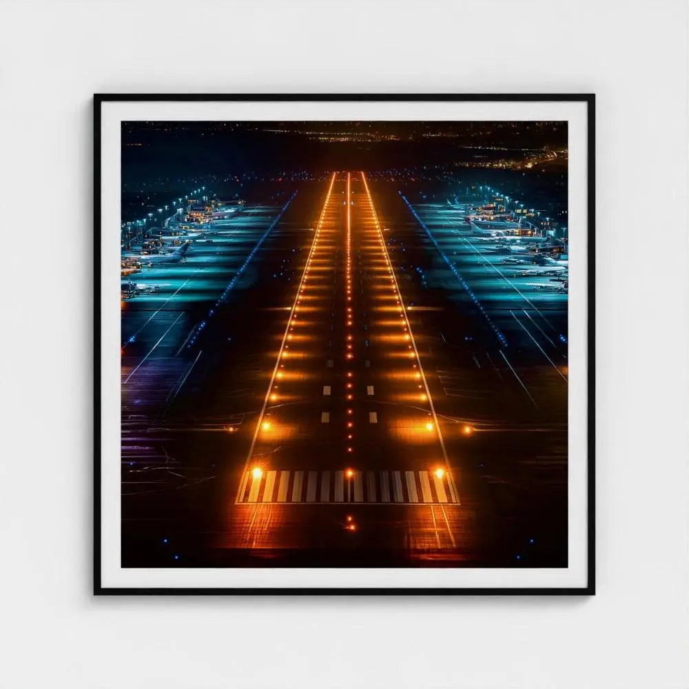Airport Runway Wall Art Print – Night Lights Aviation Photography, Modern Decor