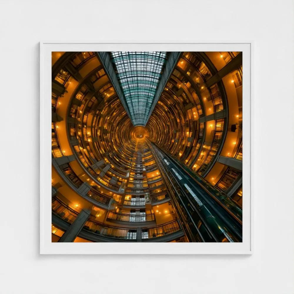 Golden Vortex — Architectural Atrium Fine Art Wall Print, Futuristic Building, Urban Geometry Modern Decor