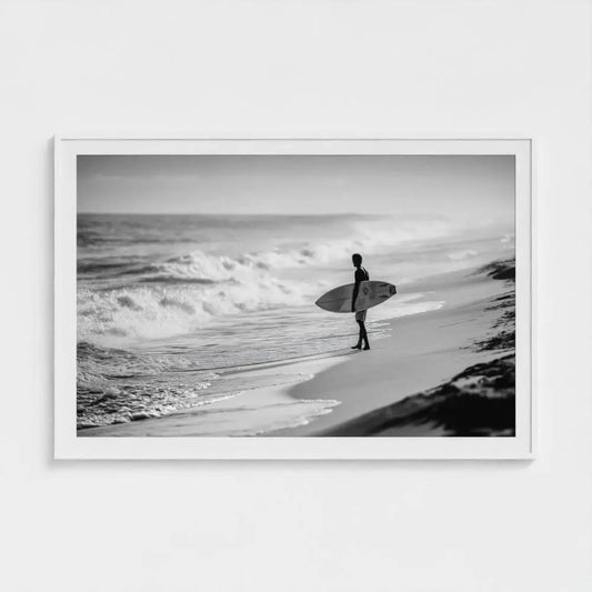 Tide Watch — Surfer Wall Art Print, Black & White Beach Photography, Minimal Coastal Decor