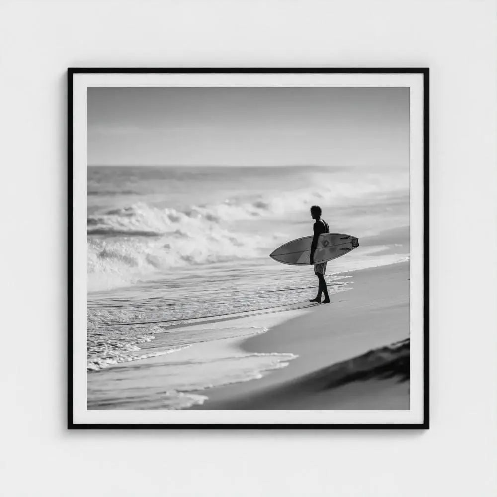 Tide Watch — Surfer Wall Art Print, Black & White Beach Photography, Minimal Coastal Decor