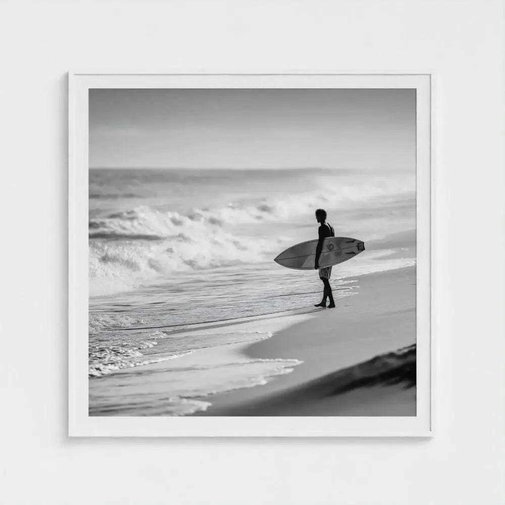 Tide Watch — Surfer Wall Art Print, Black & White Beach Photography, Minimal Coastal Decor
