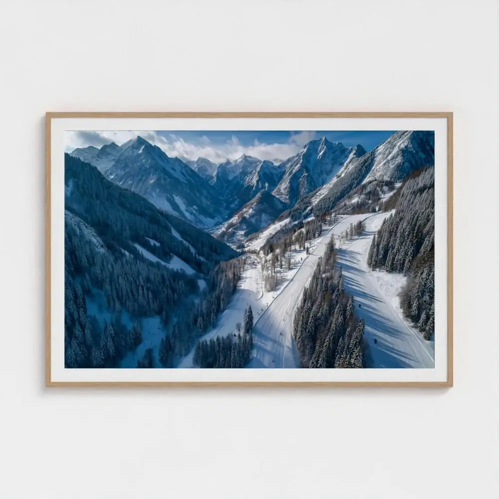 Ski Valley Wall Art Print – Sunlit Alpine Piste Photography, Winter Mountain Decor