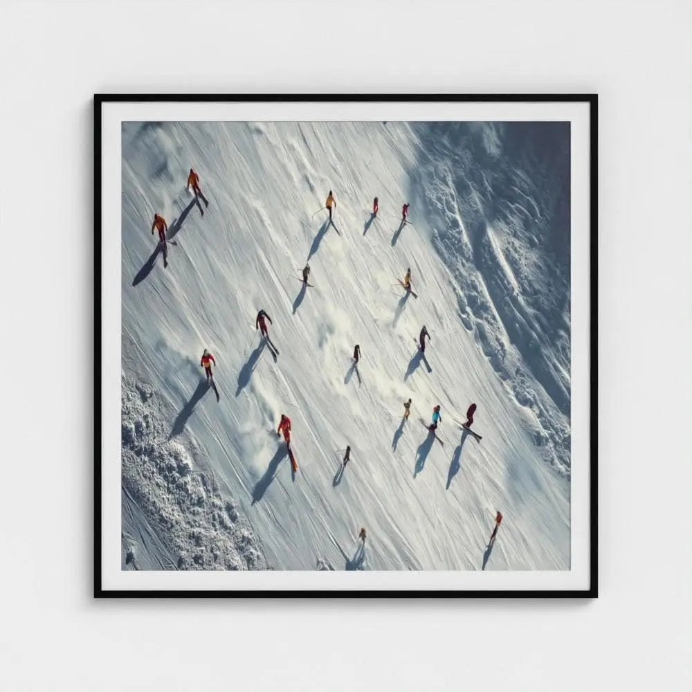 Alpine Array — Aerial Skiers Wall Art Print, Alpine Winter Photography, Modern Ski Lodge Decor