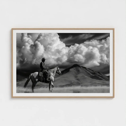 Black and White Cowboy Photography Print, Western Horse Wall Art, Rustic Mountain Landscape Decor, Fine Art Ranch Style Home Artwork