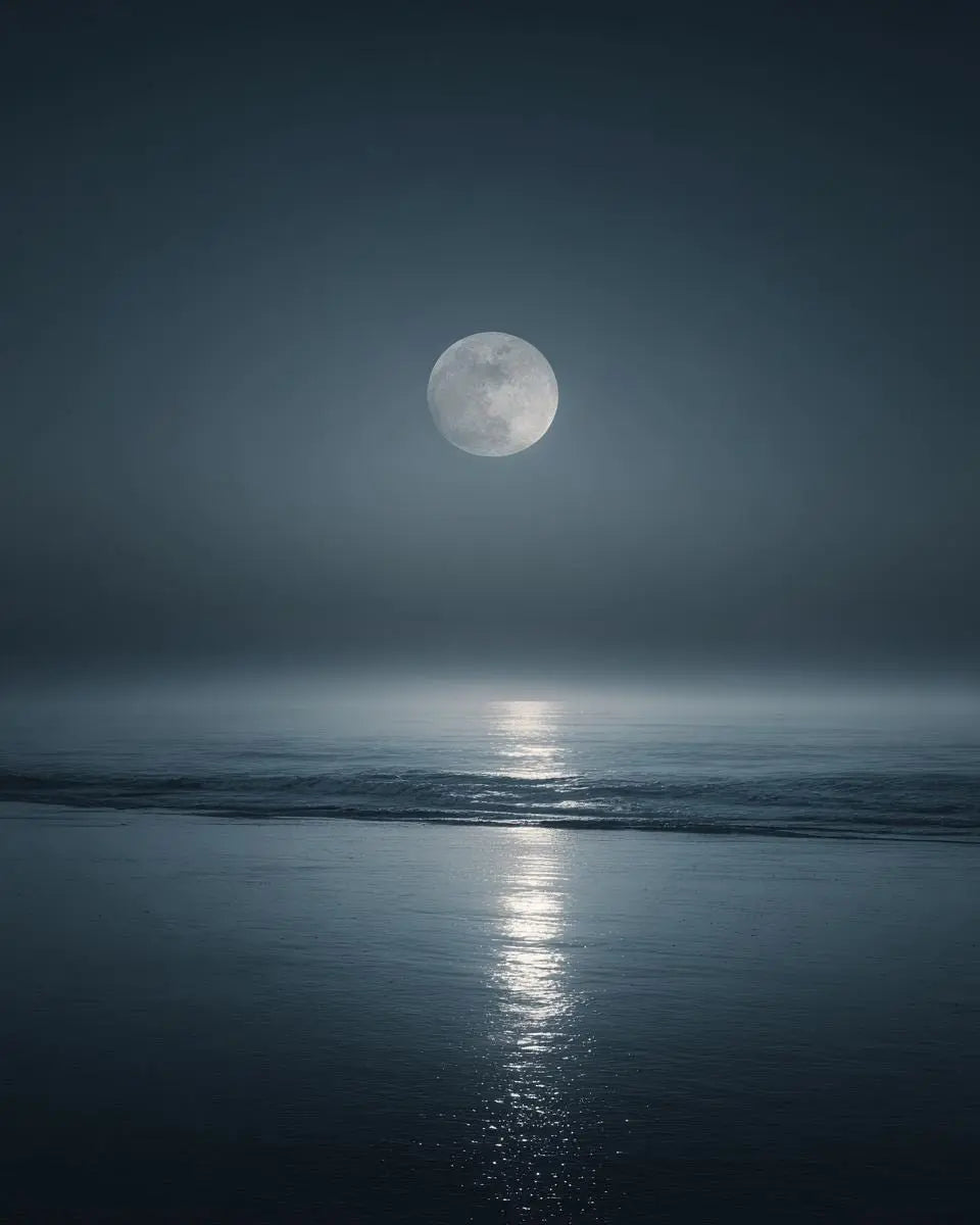 Lunar Tide — Moon Over Ocean Wall Art Print, Night Seascape Photography, Minimal Coastal Decor