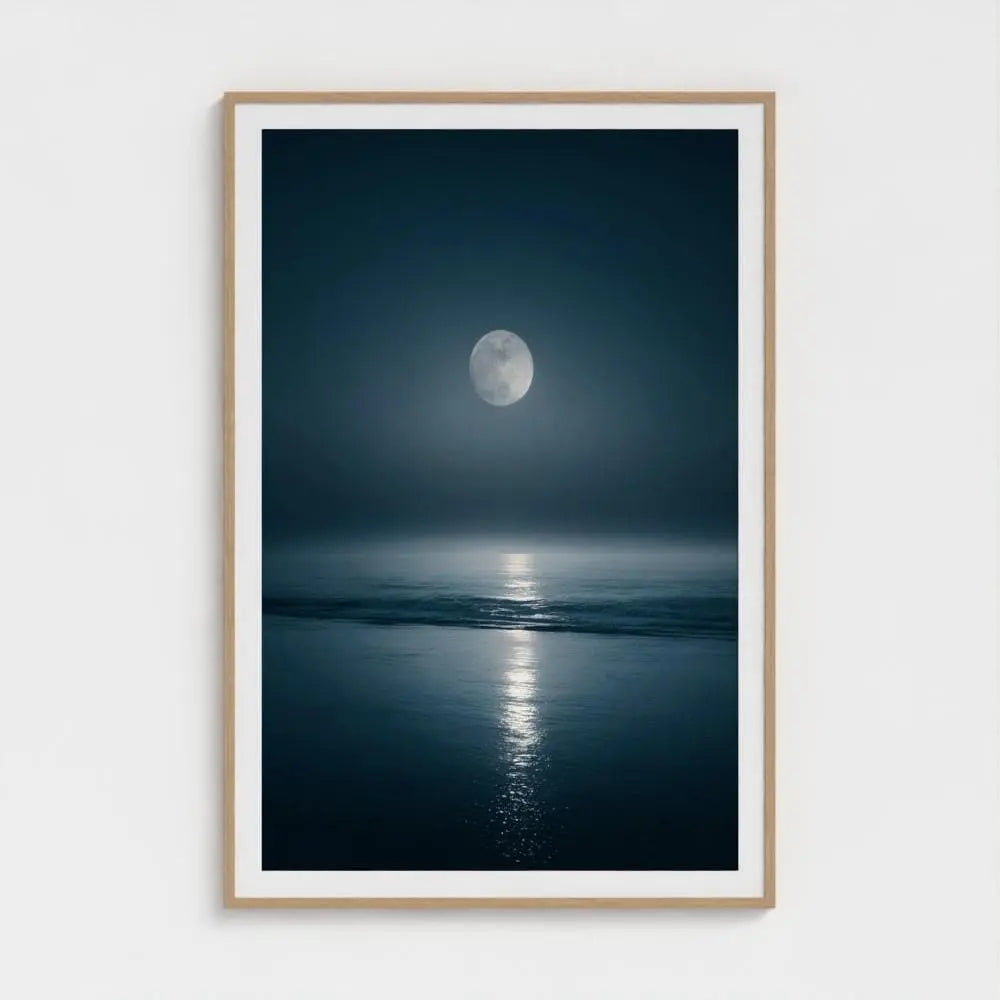 Lunar Tide — Moon Over Ocean Wall Art Print, Night Seascape Photography, Minimal Coastal Decor