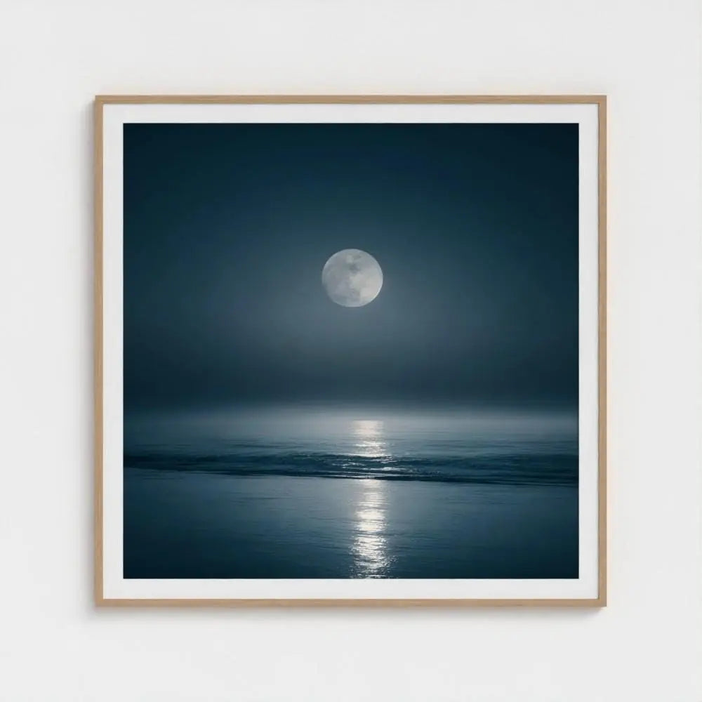 Lunar Tide — Moon Over Ocean Wall Art Print, Night Seascape Photography, Minimal Coastal Decor