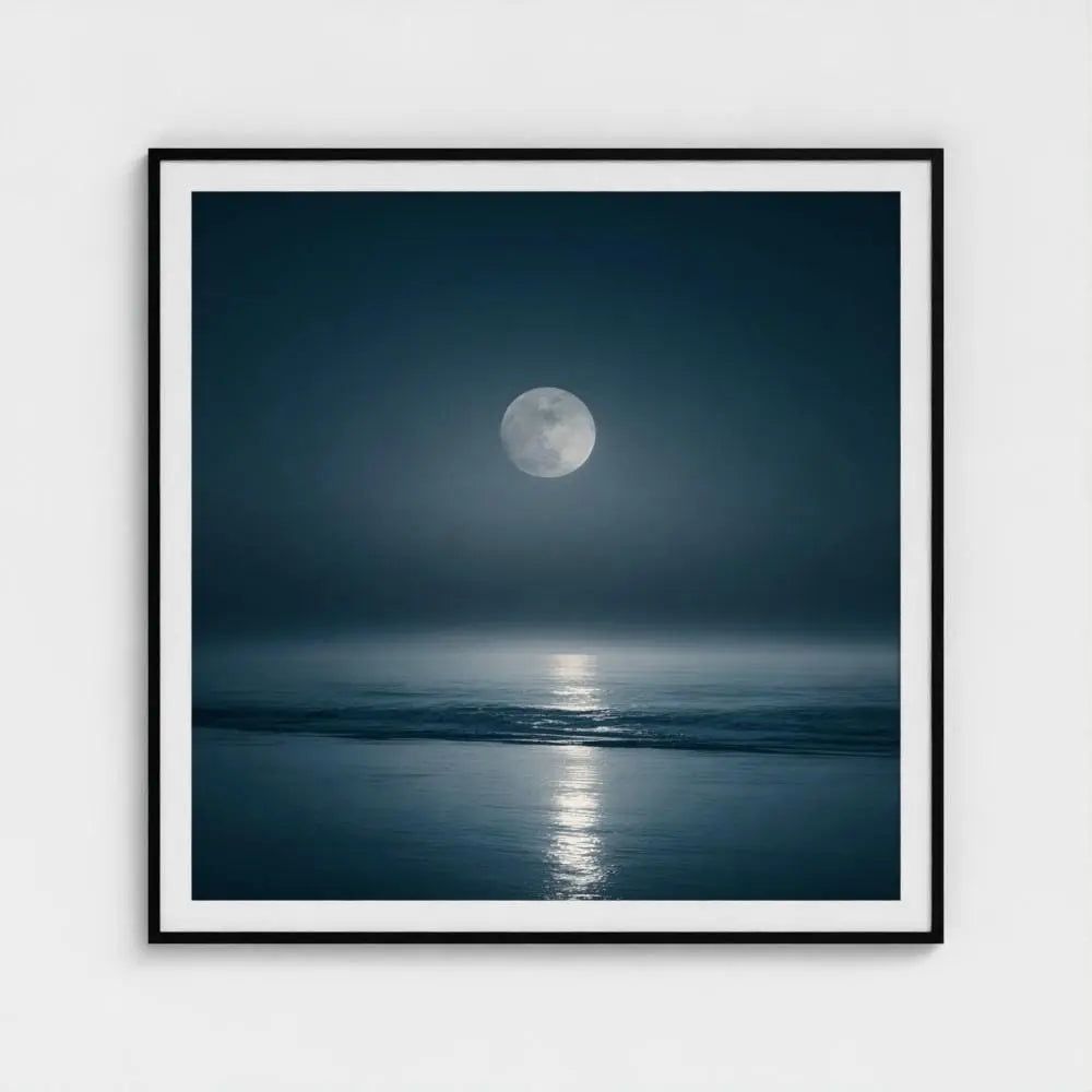 Lunar Tide — Moon Over Ocean Wall Art Print, Night Seascape Photography, Minimal Coastal Decor