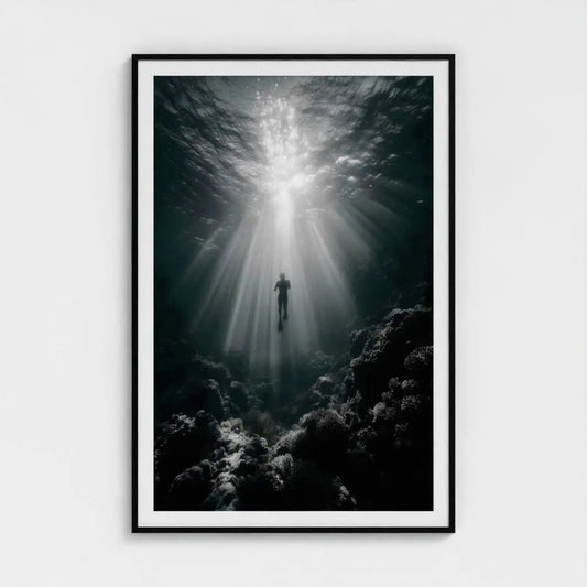 Silent Descent — Underwater Diver Wall Art Print, Ocean Photography, Sunbeams Nautical Coastal Decor