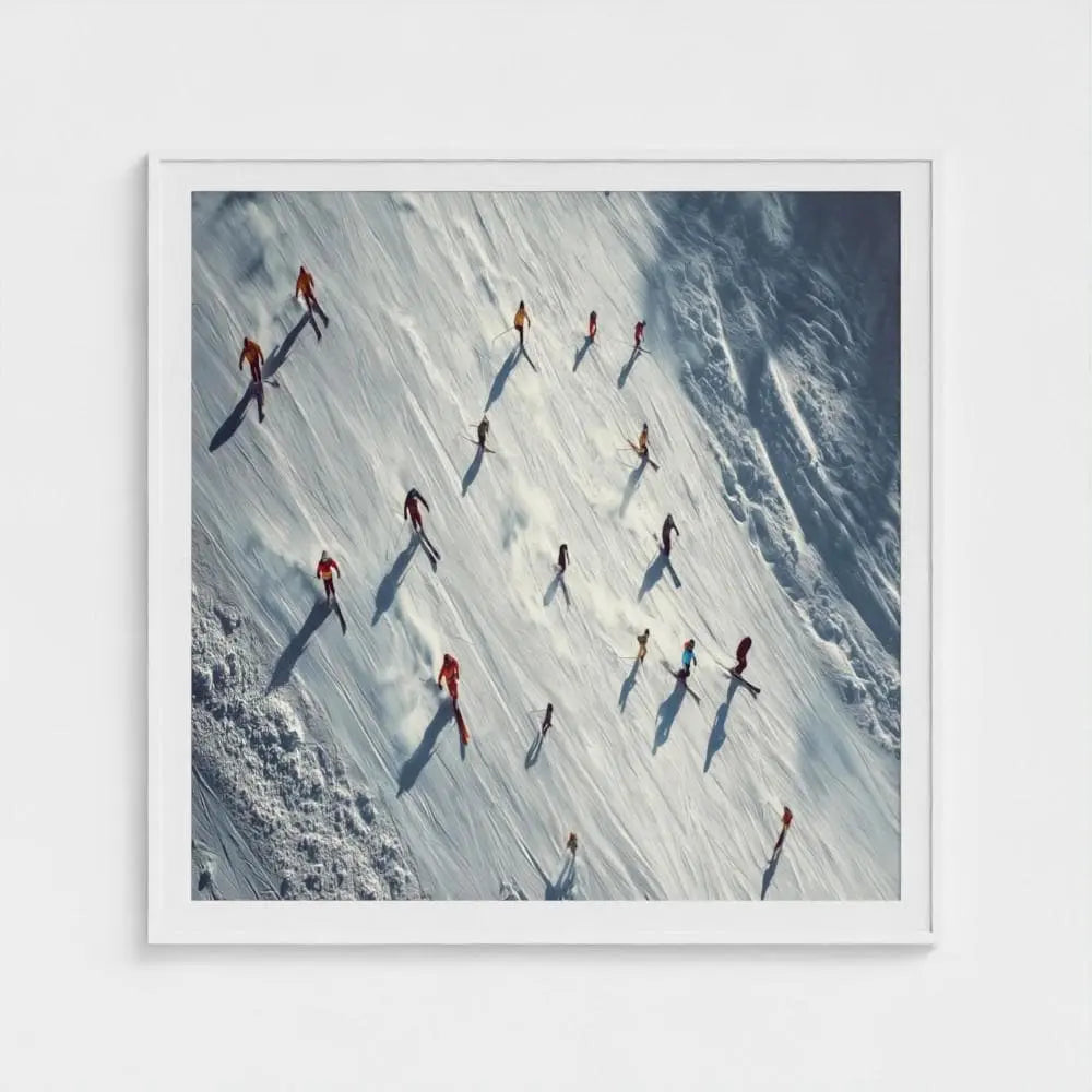 Alpine Array — Aerial Skiers Wall Art Print, Alpine Winter Photography, Modern Ski Lodge Decor