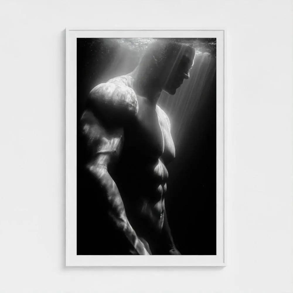Male Surfer Wall Art Print – Black & White Torso Photography, Minimalist Ocean Decor