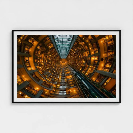 Golden Vortex — Architectural Atrium Fine Art Wall Print, Futuristic Building, Urban Geometry Modern Decor