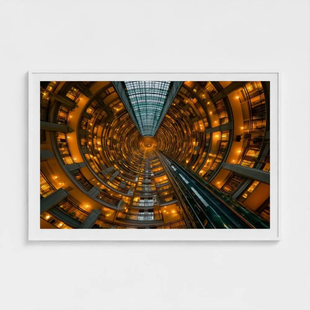 Golden Vortex — Architectural Atrium Fine Art Wall Print, Futuristic Building, Urban Geometry Modern Decor