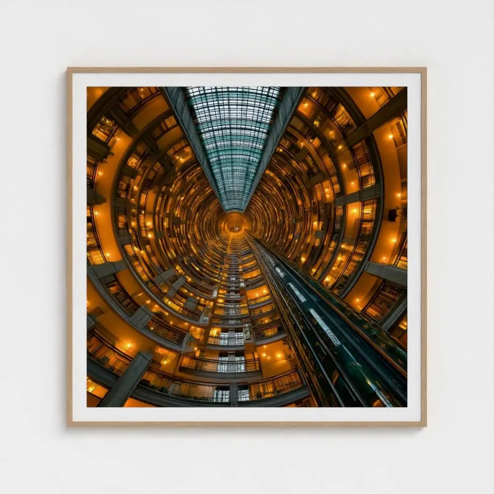 Golden Vortex — Architectural Atrium Fine Art Wall Print, Futuristic Building, Urban Geometry Modern Decor