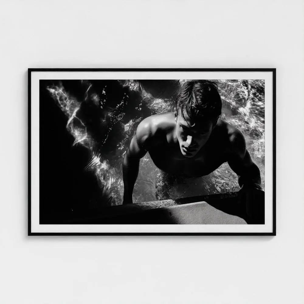 Black & White Swimmer Wall Art Print – Male Figure Pool Photography, Modern Decor