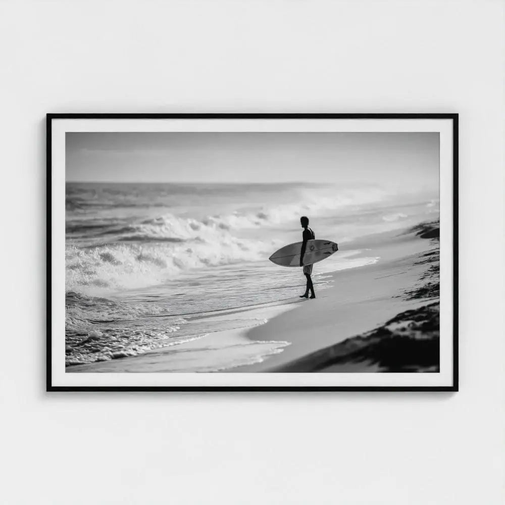 Tide Watch — Surfer Wall Art Print, Black & White Beach Photography, Minimal Coastal Decor