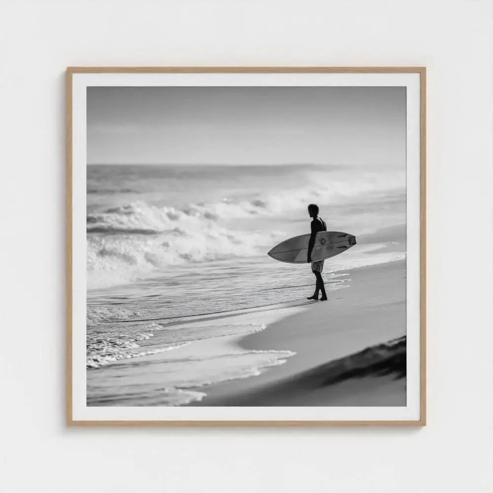 Tide Watch — Surfer Wall Art Print, Black & White Beach Photography, Minimal Coastal Decor