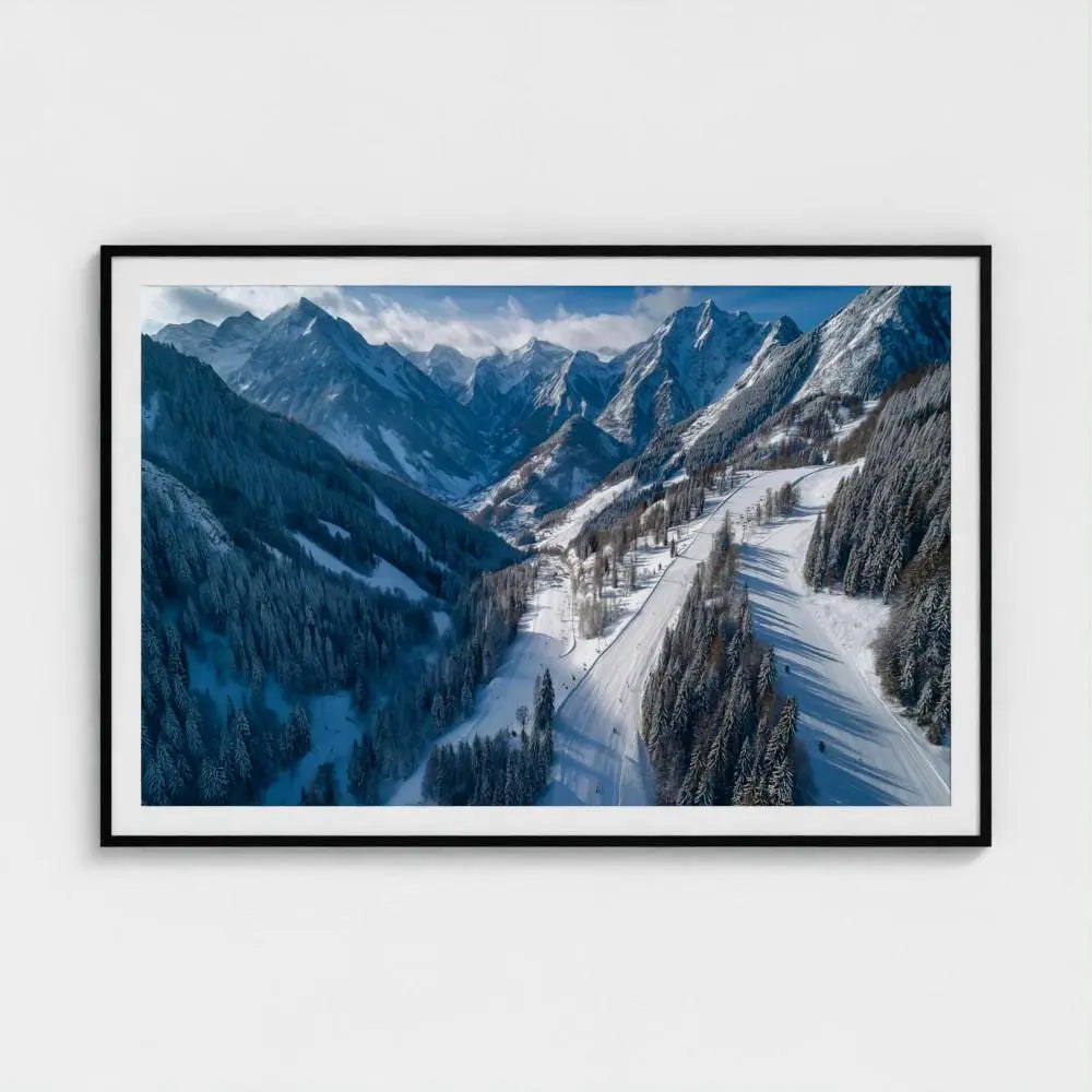 Ski Valley Wall Art Print – Sunlit Alpine Piste Photography, Winter Mountain Decor