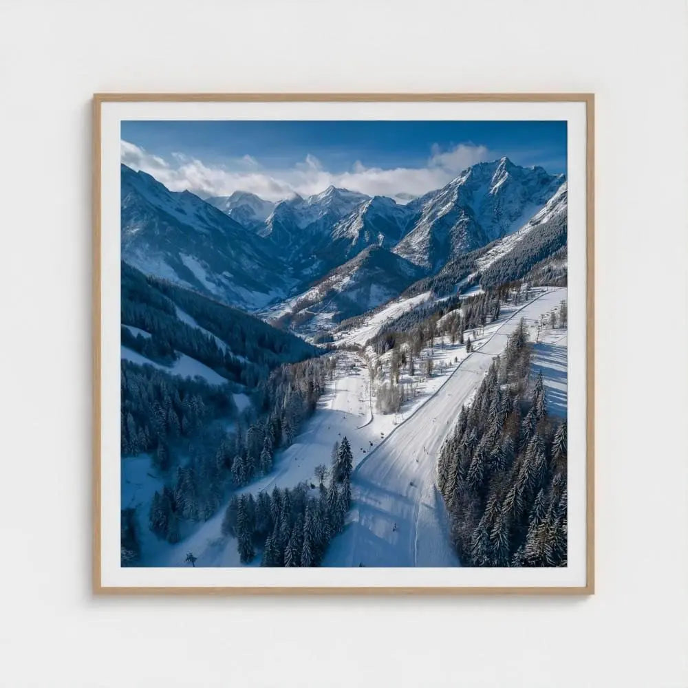 Ski Valley Wall Art Print – Sunlit Alpine Piste Photography, Winter Mountain Decor