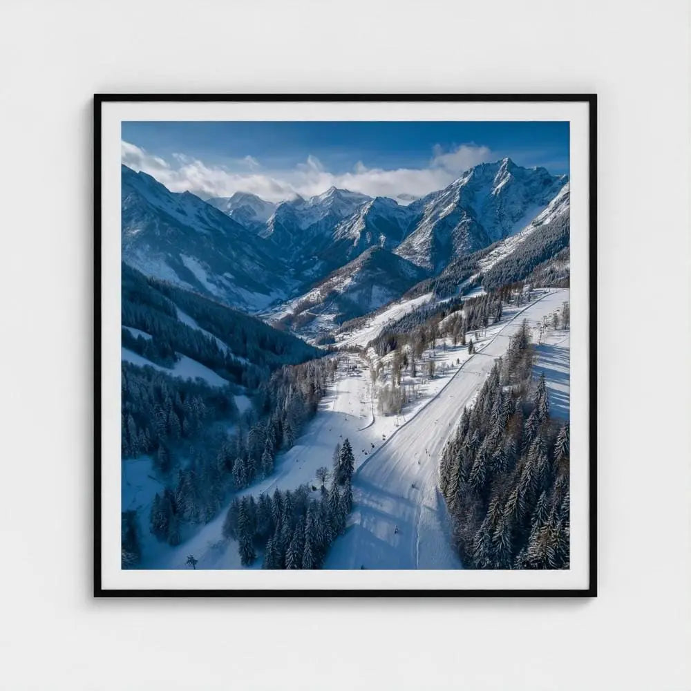 Ski Valley Wall Art Print – Sunlit Alpine Piste Photography, Winter Mountain Decor