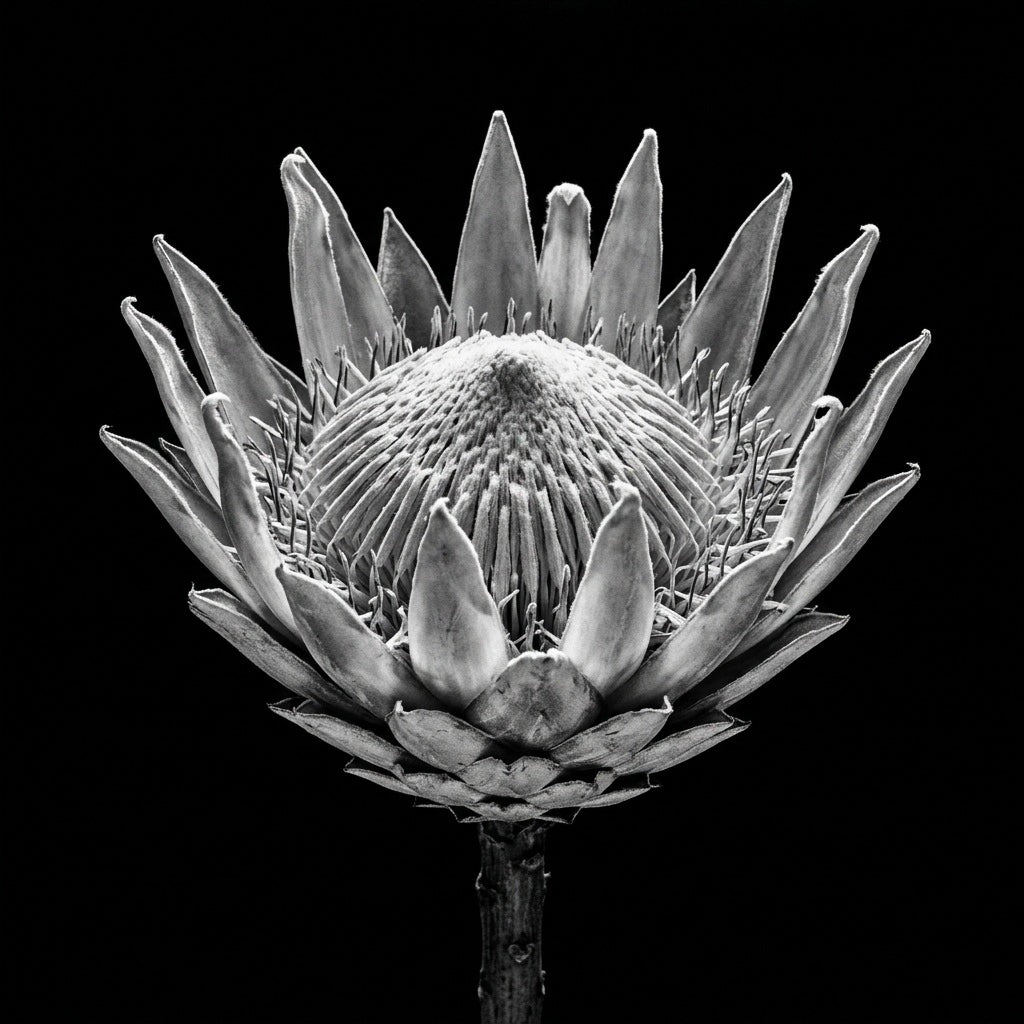 Raw unframed artwork — Protea Wall Art — Black and White Botanical Photography — source 13253393809711