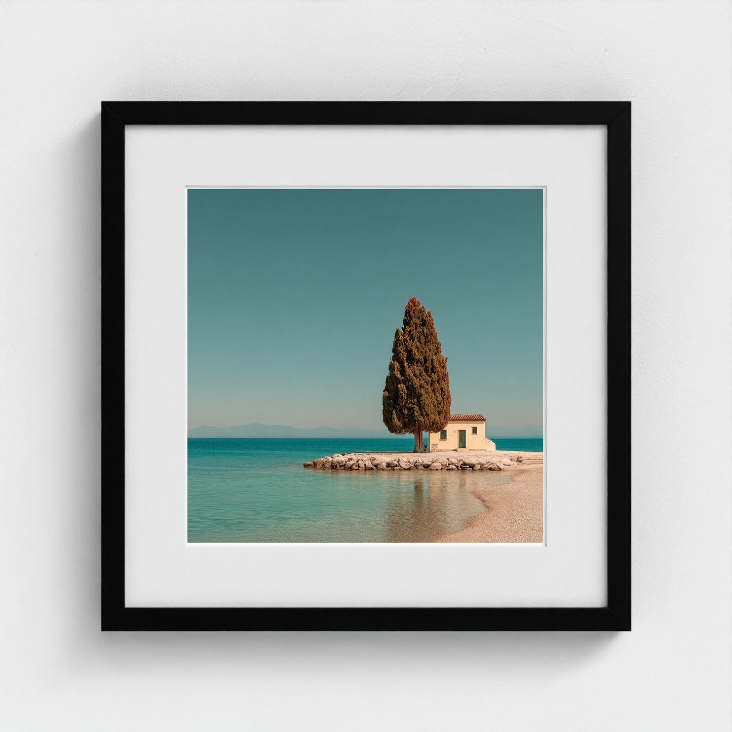 single-italian-cypress-on-a-small-promontory-lak 16x16-black frame frame