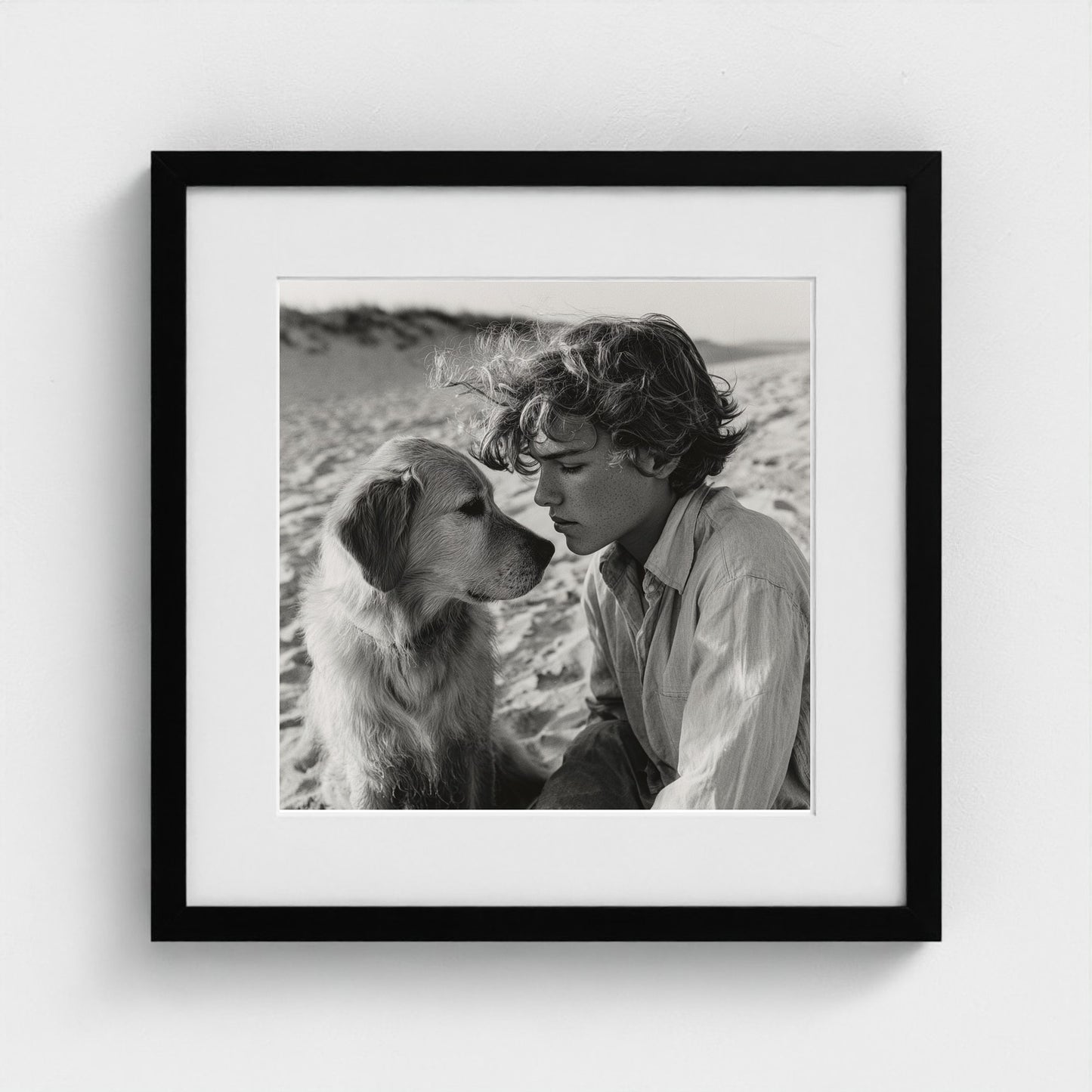 black-and-white-dog-portrait-on-sandy-beach-cine 16x16-black frame frame